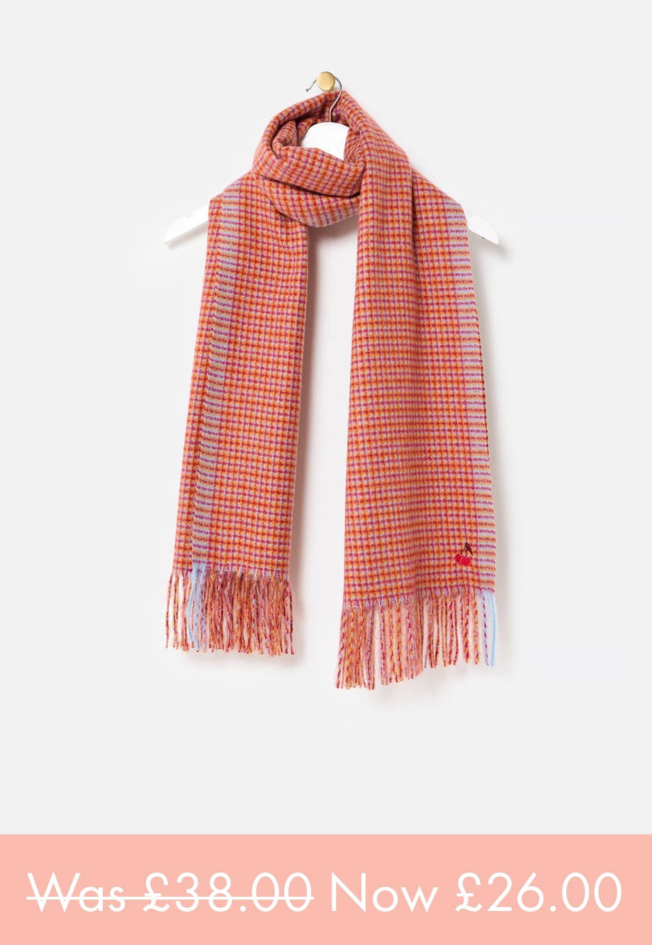 Pink & Blue Checked Cherry Motif Midweight Tassel Scarf